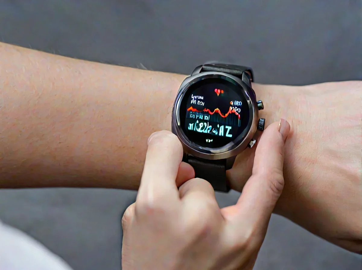 A person wearing a black smartwatch on their wrist showing a digital heart rate graph.