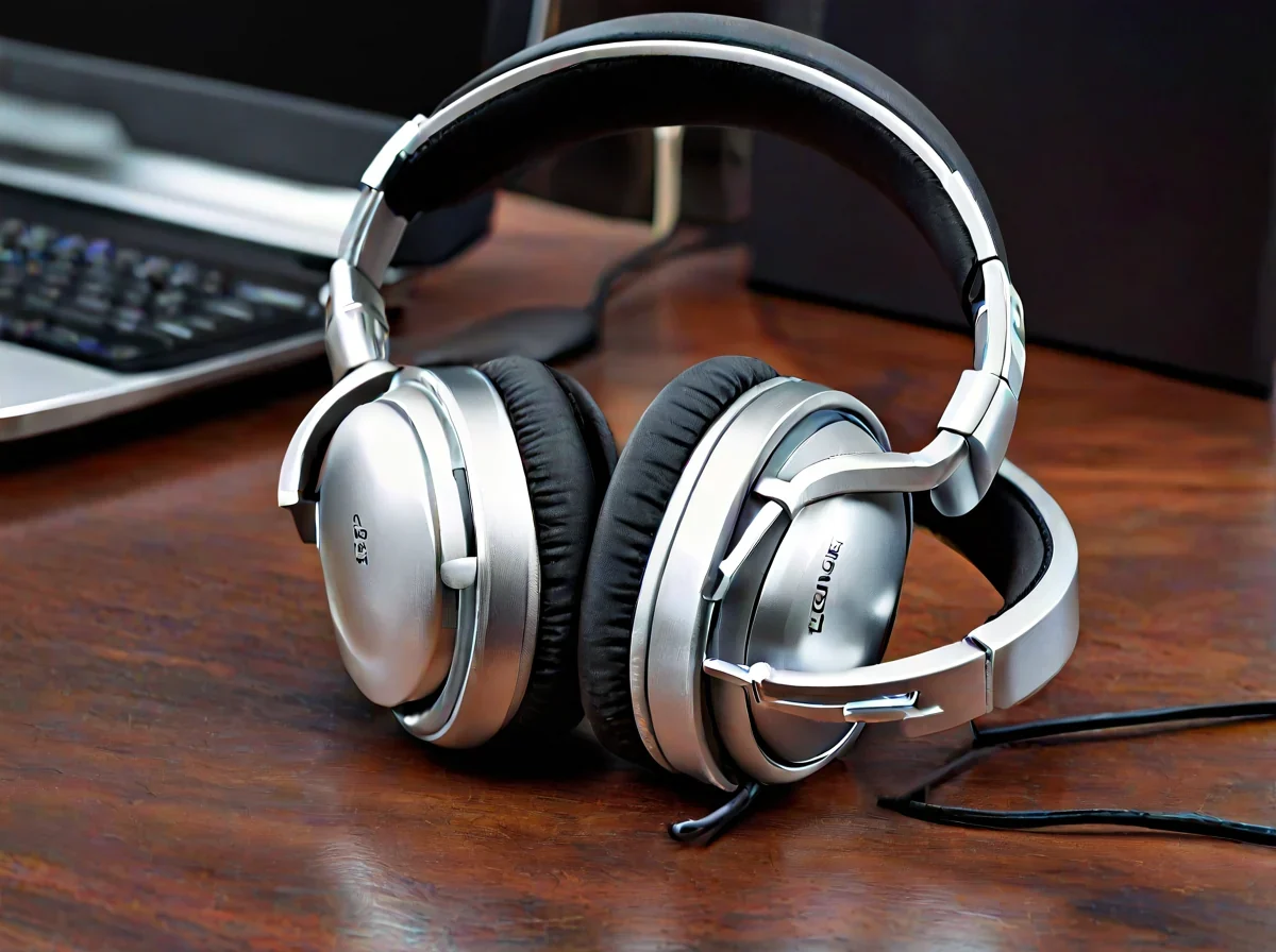 Cuffie over-ear appoggiate su una scrivania accanto a una tastiera