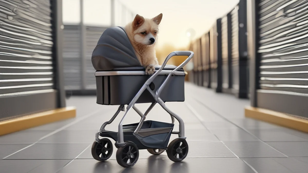 Un animale in un stroller, metallo, rettangolare, argento, lucido, su una ruota, luce calda, profondità di campo sottile, realistico, dettagli elevati