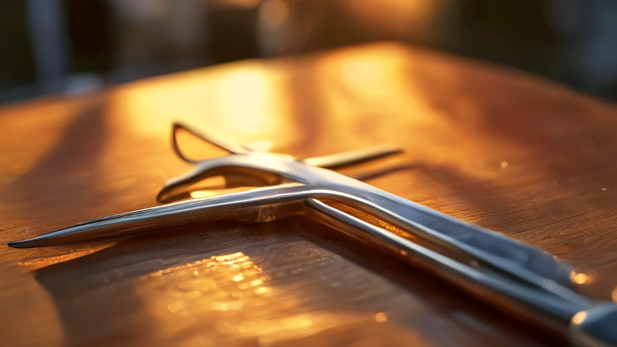 手術用の forceps で組織をつかみ、保持しています。