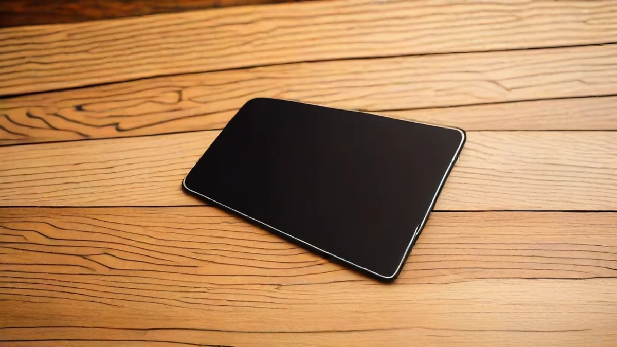 Een tabletcomputer op een houten tafel, met de oppervlakte en het houttextuur.