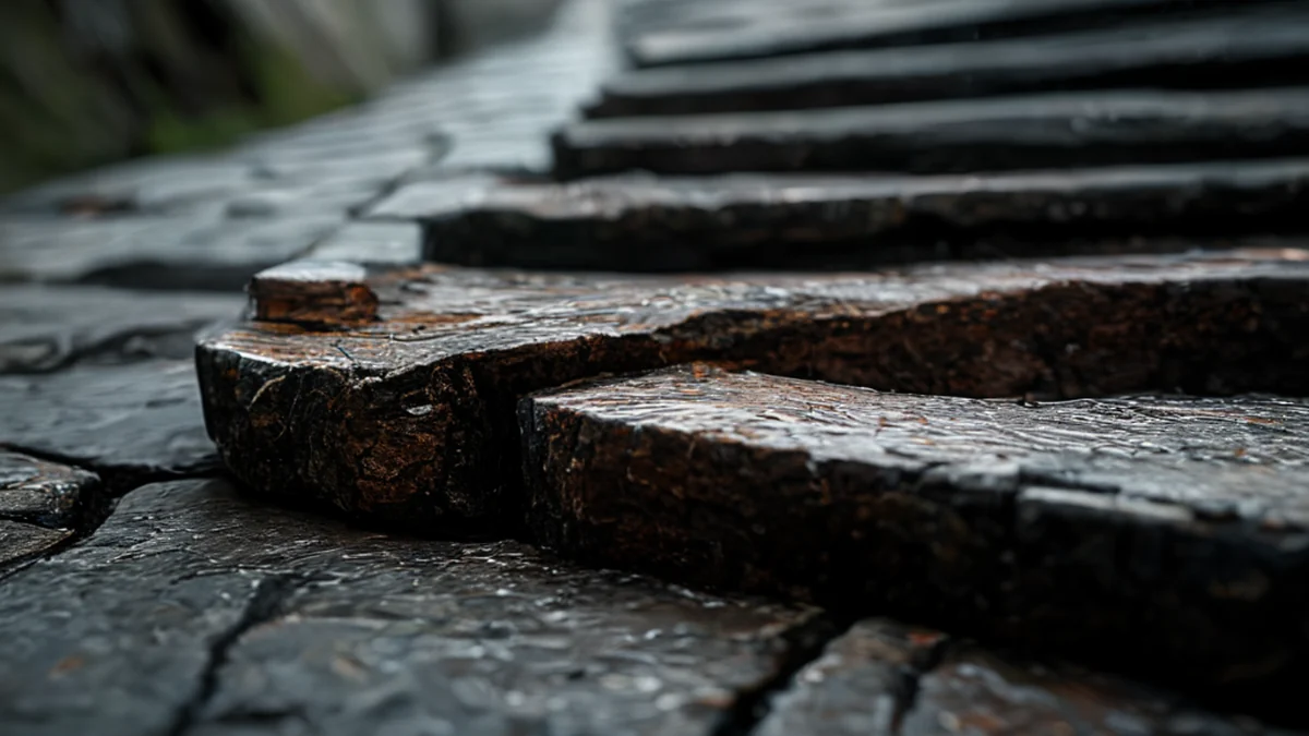 Verweerde trap met verbleekte stappen en ruwe oppervlak.