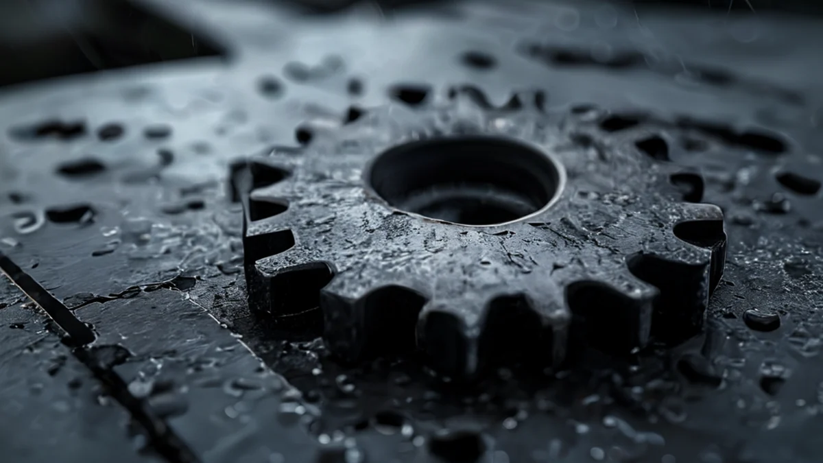 a stained gear, pitted black with a broken tooth, lying on a steel surface under overcast daylight, shallow depth of field, photorealistic, sharp focus, high detail
