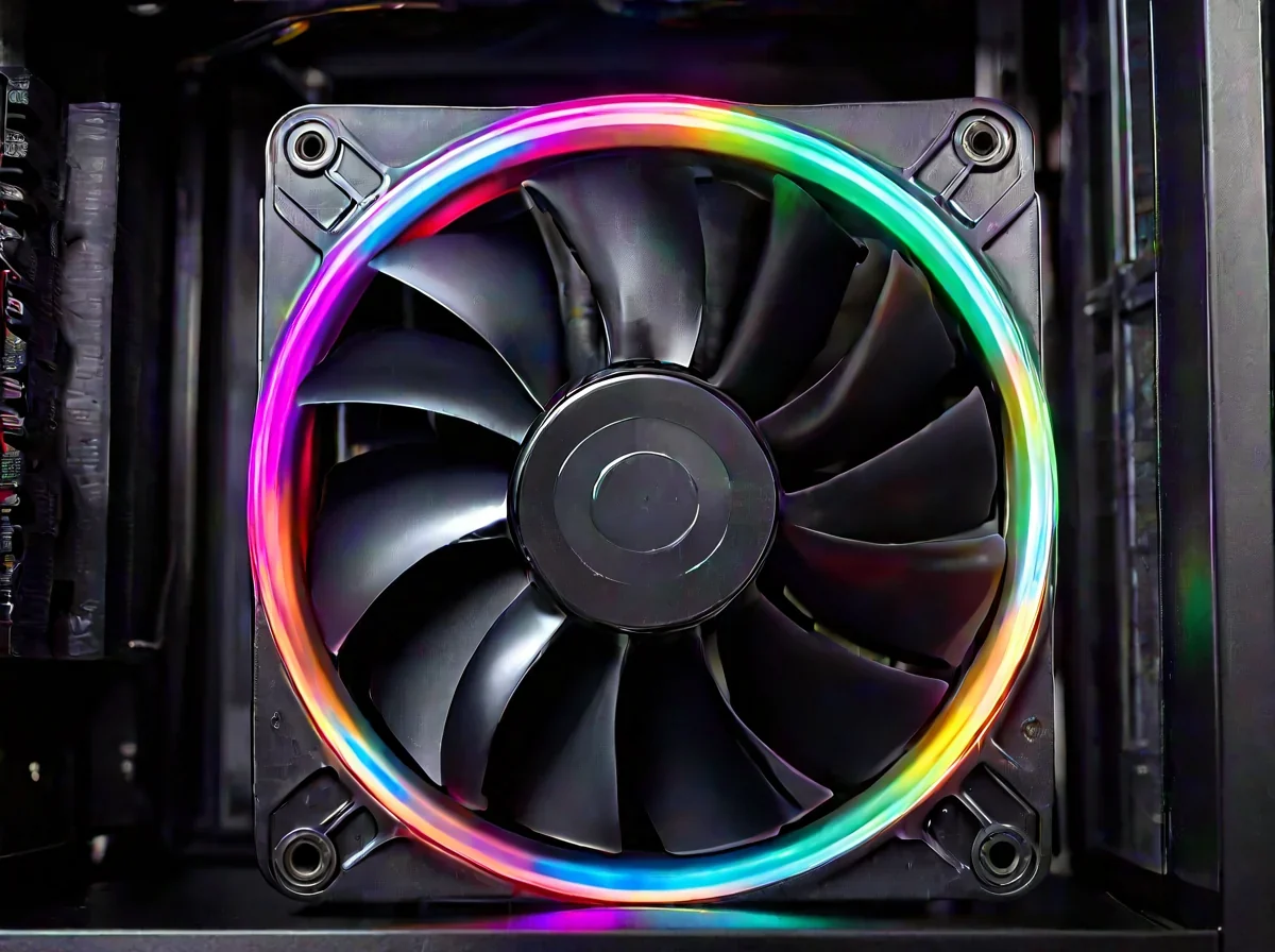 Um ventilador negro gira rapidamente dentro de um case de computador transparente com iluminação RGB colorida.