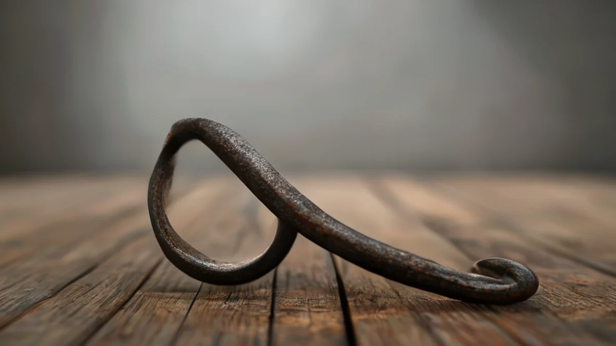 Ein metallener Hook mit scharfem Punkt, zum Fischen oder Halten von Gegenständen verwendet.