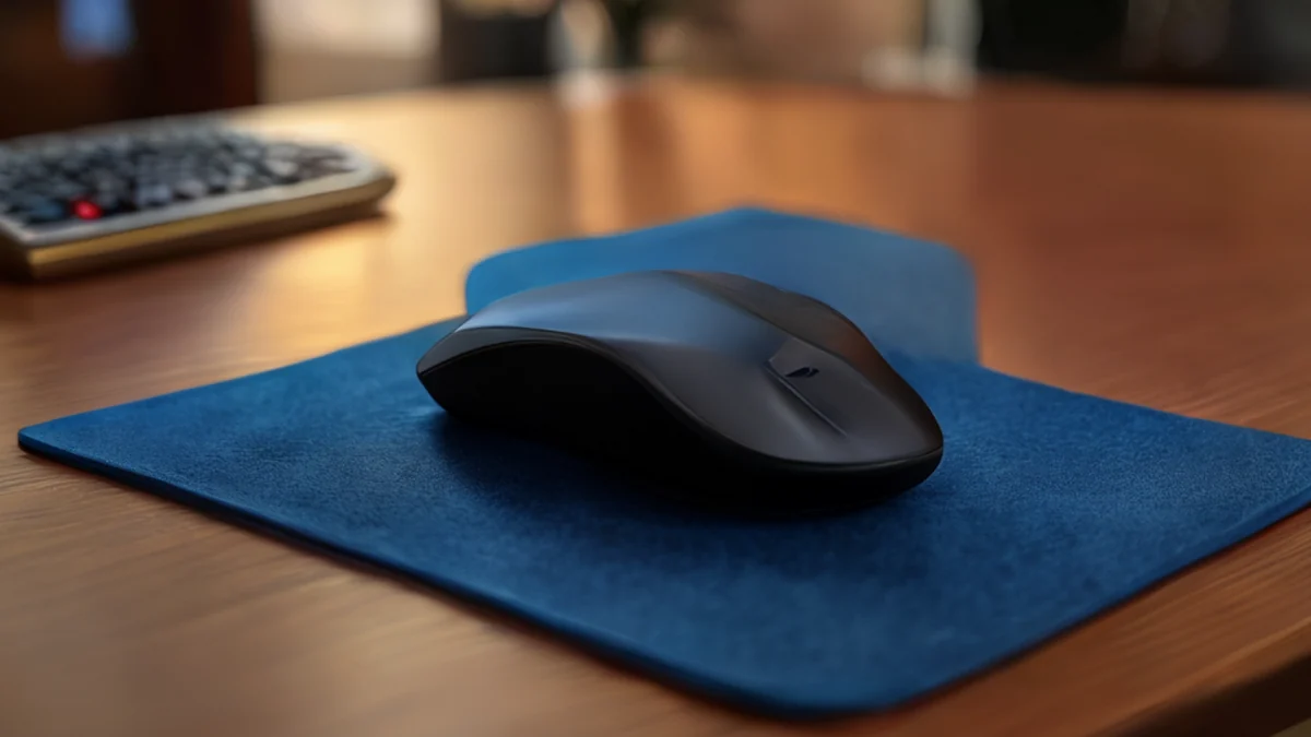 Gaming-Mauspad, blauer Stoff, rechteckig, glatter Oberfläche, auf braunem Tisch, goldenes Licht, flache Schärfe, photo-realistisch, hohe Details