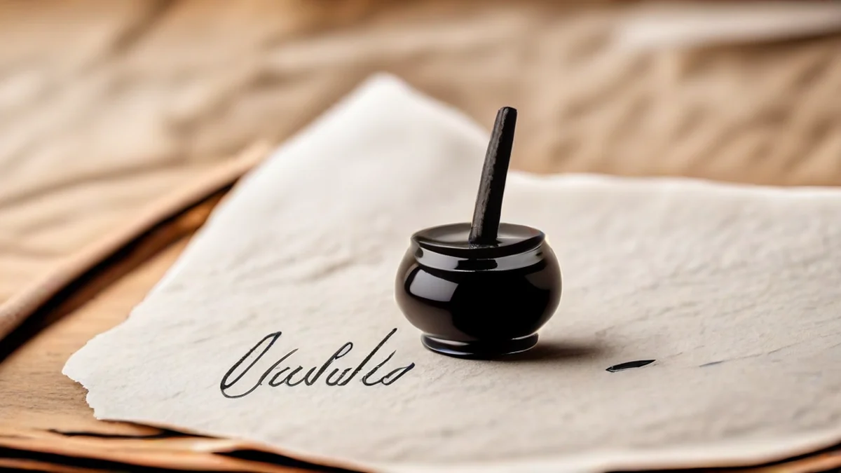 An ink well with a quill pen, showing traditional writing tools.