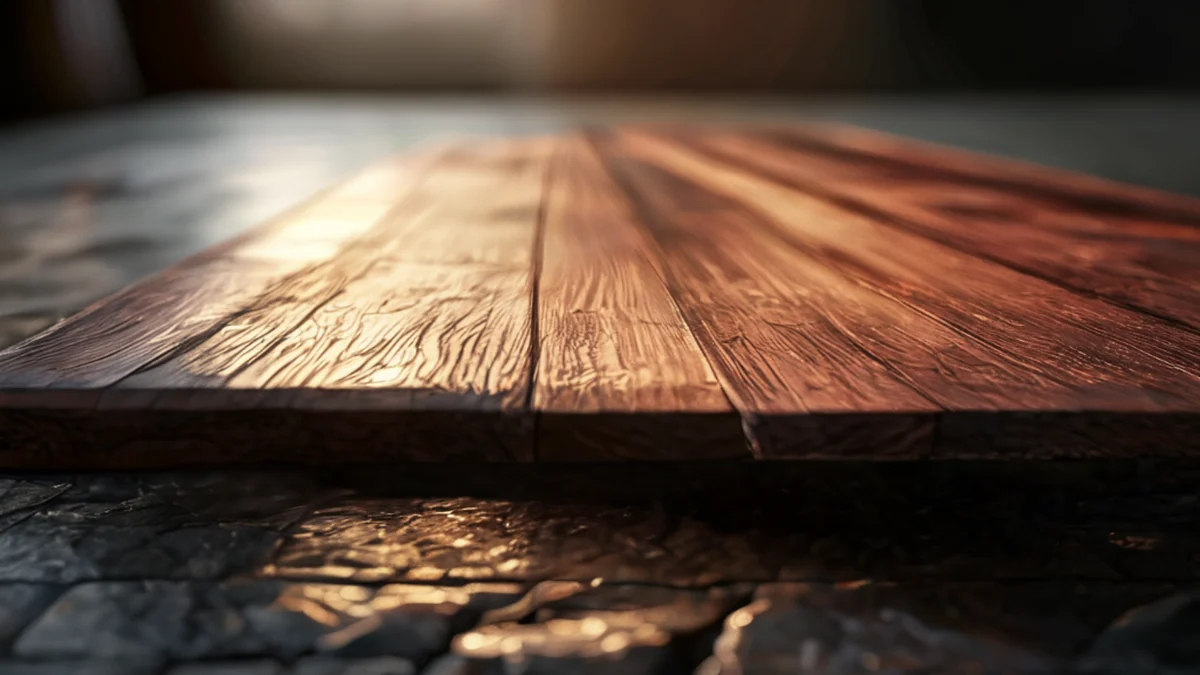 Mesa de roble oscuro, superficie lisa, ligeramente deformada, sobre un suelo de piedra, luz cálida, profundidad de campo baja, fotorealista, enfoque neto, detalles altos