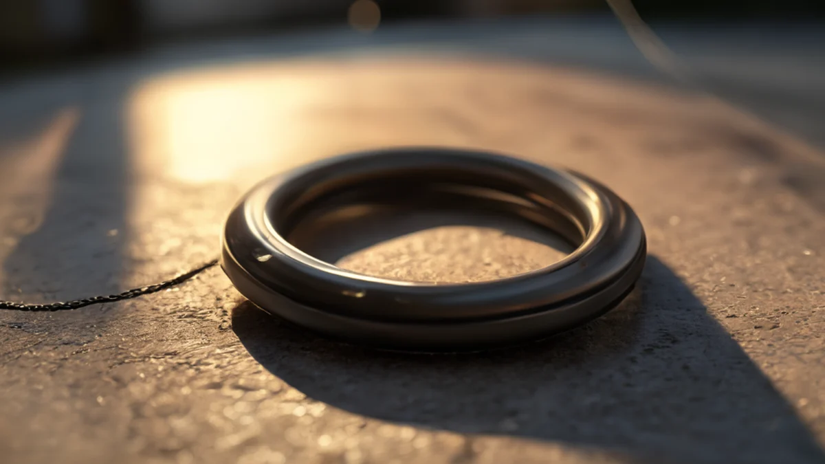 Un anneau tétérin circulaire résistant, en métal noir avec un revêtement poli, reposant sur une surface de béton sous une lumière douce latérale, champ de profondeur faible, photoréaliste, focus net, détails élevés