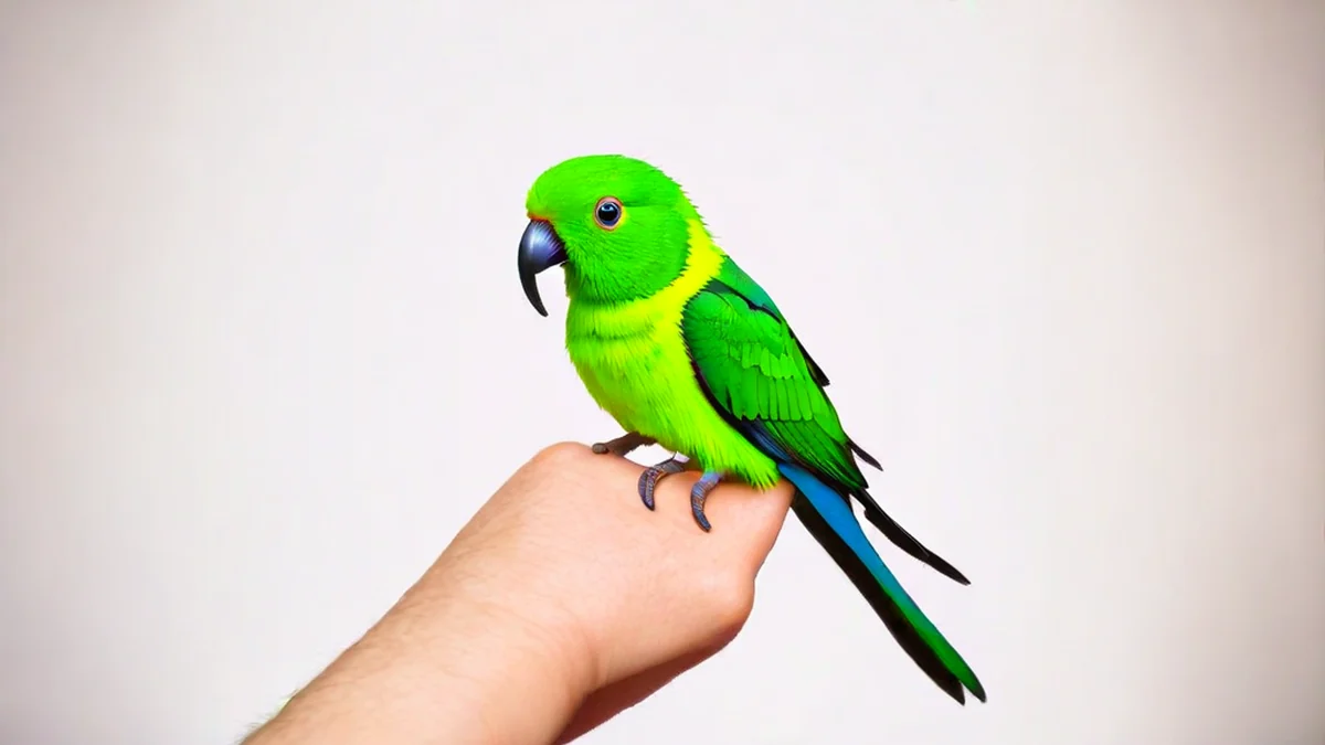 Un petit papillon vert s'assied sur le bout d'un doigt humain, la main tendue dans une pièce lumineuse.