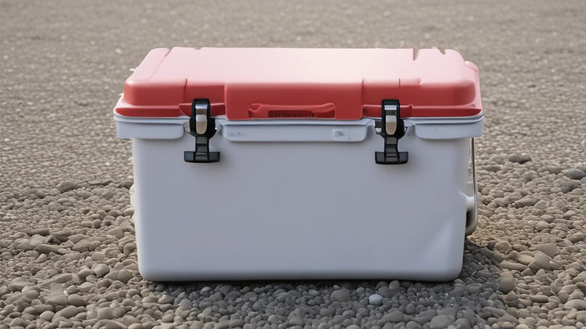 Cooler da campeggio con coperchio, maniglie e borsa per trasporto.