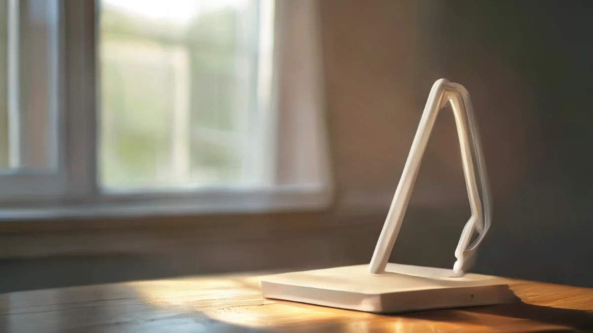 School-Desk-Lamp, plastic, rechthoekig, wit, glad, op een houten oppervlak, zachte licht, zacht focus, fotorealistisch, hoog detail