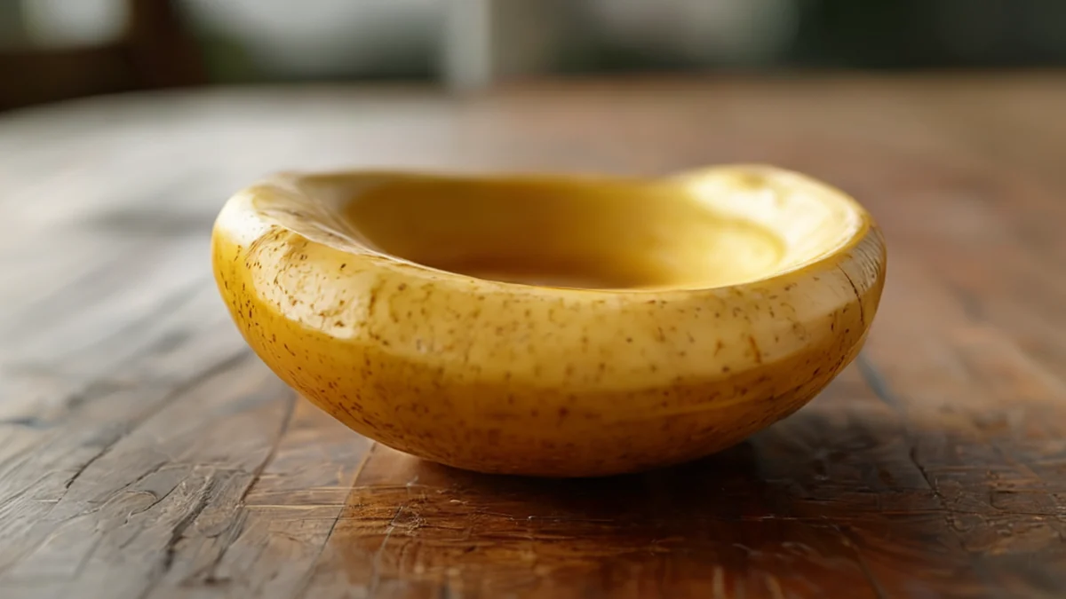 Uma taza de pele de banana com textura natural, centrada em uma mesa de madeira, sob luz de dia nublado, profundidade de campo suave, realismo fotográfico, foco afiado, detalhes altos