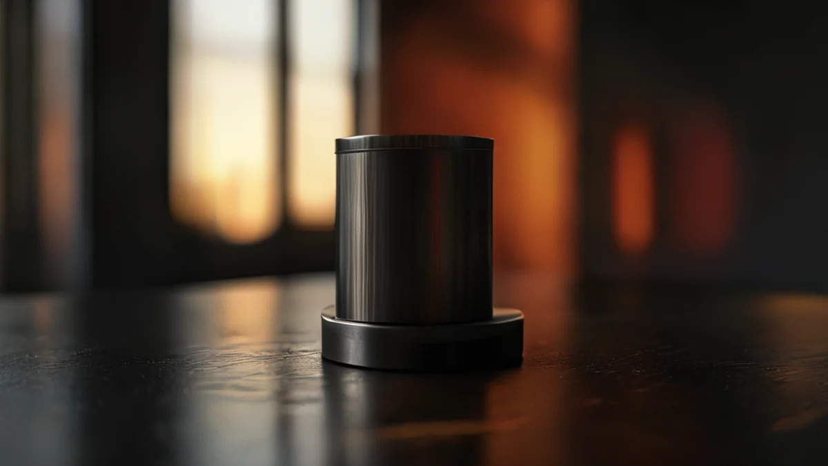 A steel core with cylindrical shape, centered on black table, under warm side light, shallow depth of field, photorealistic, sharp focus, high detail