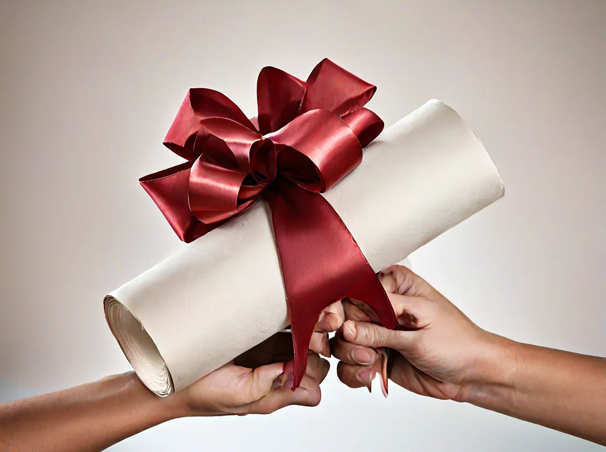 Two hands gripping a rolled graduation diploma tied with a red ribbon