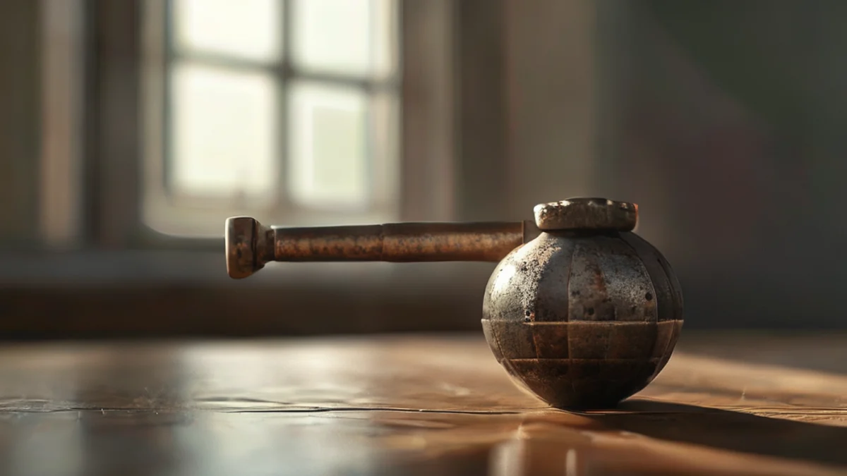 Grenade, leverschijf met metaal en roestige oppervlak, centraal op een houten tafel onder zachte ramenlicht, zachte scherpte, foto realistisch, scherpe focus, hoge details