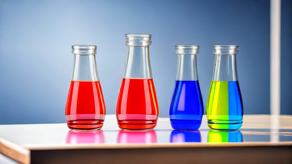 A clear glass flask containing a vibrant, colorful liquid.