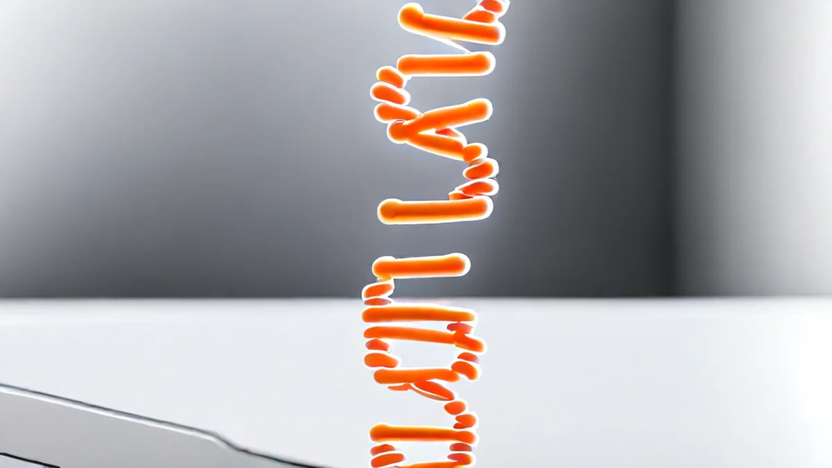 Ein Diagramm, das die DNA-Doppelhelix-Struktur zeigt, mit zwei Strängen, die um sich herum gewunden sind.