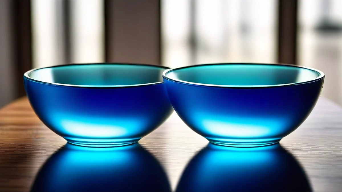 Dos grandes basinetes de vidrio reflejantes, claros y azules, lisos y redondos, sobre una superficie de madera oscura y lisa, luz suave de la ventana, lente 85mm, profundidad de campo baja, realismo fotográfico, enfoque nítido