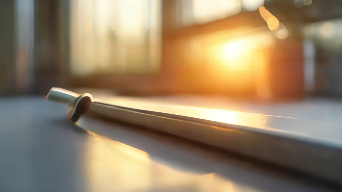 Een dunne, scherp rand met een handvat, op een witte laboratoriumbalk onder de golden hour licht, zachte scherpte, fotorealistisch, scherp focus, hoge details