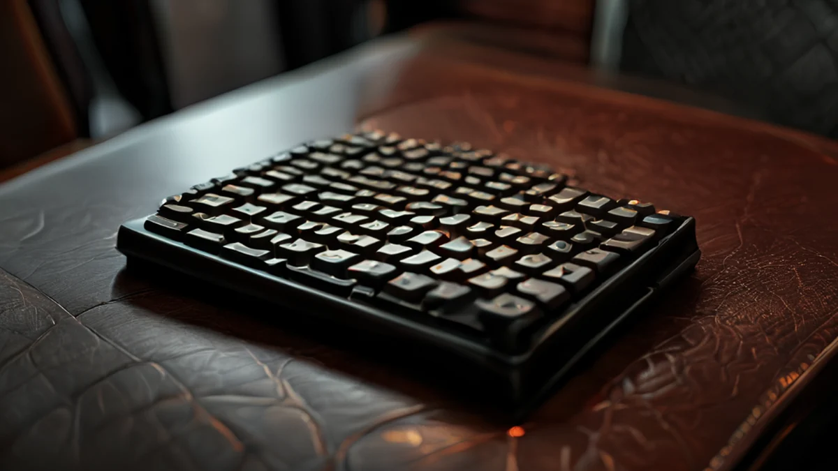 Mechanischer Tastatur mit metallischer Oberfläche, schwarz, rechteckig, auf Lederstuhl, warmes Licht, 35mm-Objektiv, flache Schärfe, photo-realistisch, hohe Details