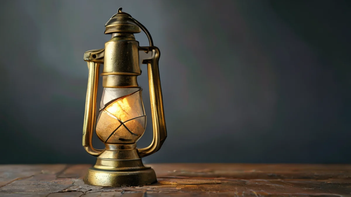 A school lantern with a red and white design, hanging from a string.