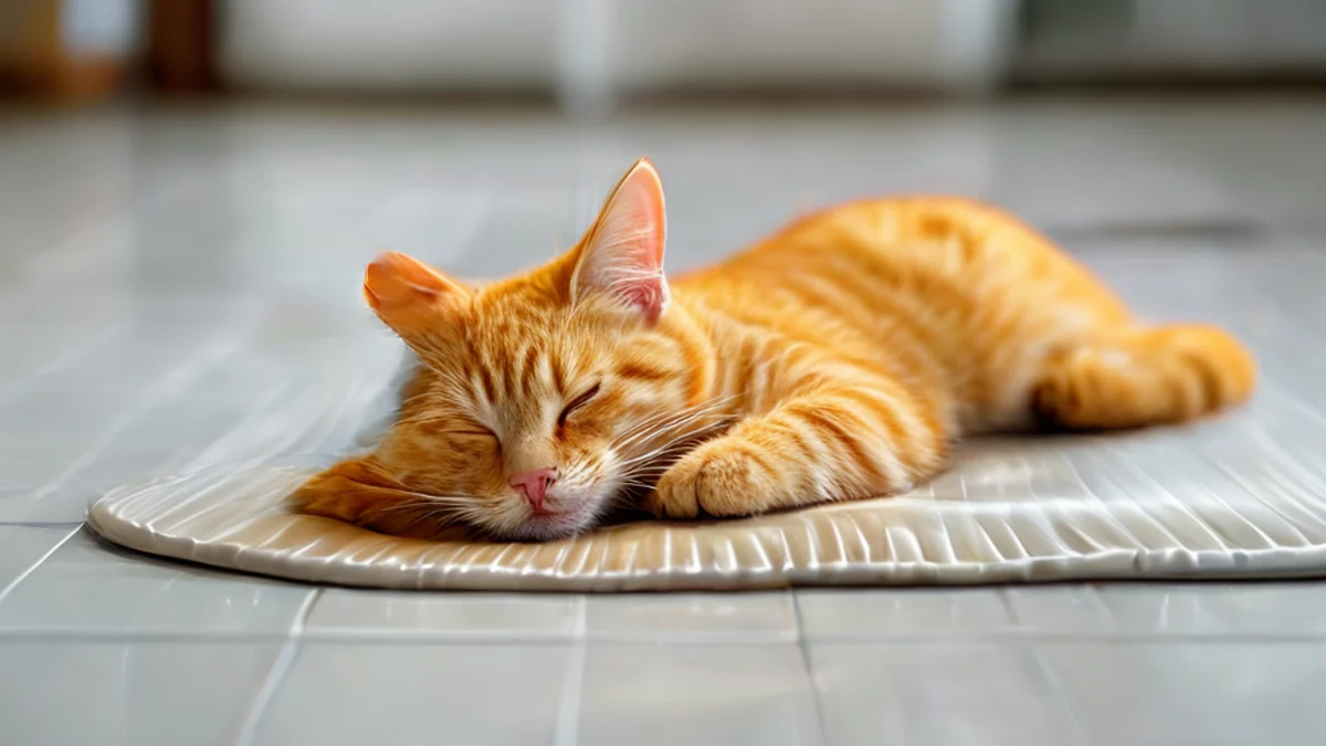 猫がプラスチックマットに立っている部屋の様子。