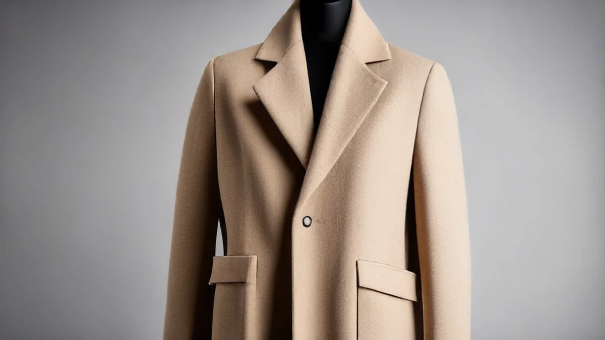 Premium wool coat displayed on a mannequin, showing texture and color.